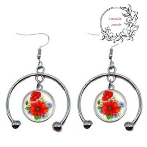 Boucle d'oreille cabochon pavot rouge 16mm