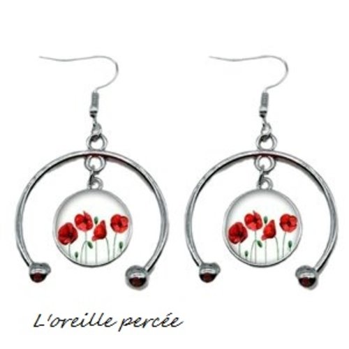 Boucle d'oreille cabochon pavot rouge 16mm