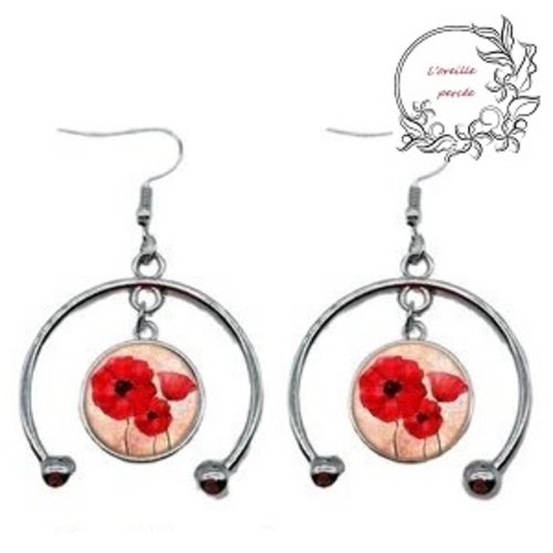 Boucle d'oreille cabochon pavot rouge 16mm