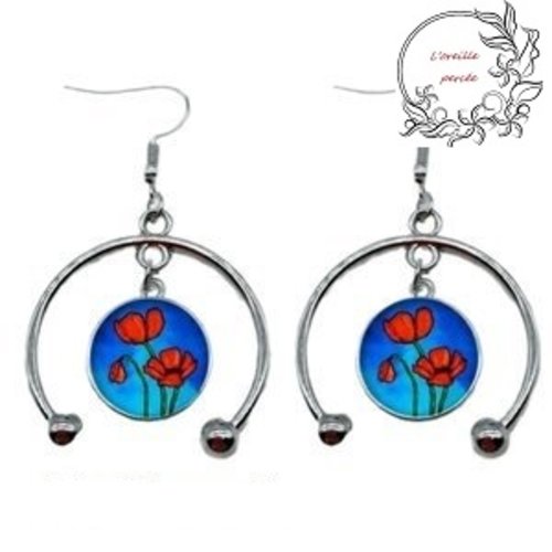 Boucle d'oreille cabochon pavot rouge