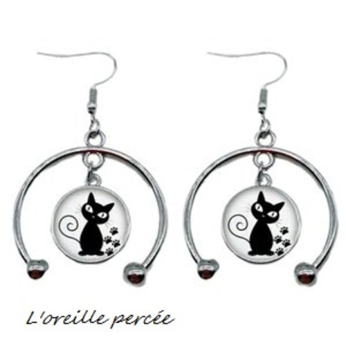 Boucle d'oreille cabochon chat noir 16mm