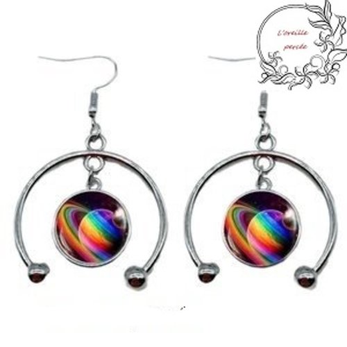 Boucle d'oreille cabochon système solaire