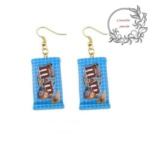 Boucle d'oreille sachet de bonbon bleu