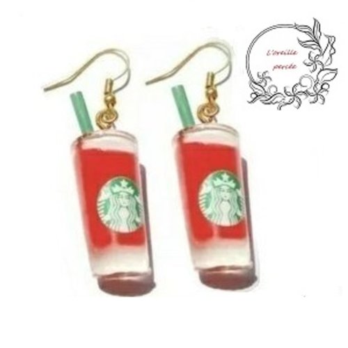 Boucle d'oreille boisson à la fraise et sa paillette