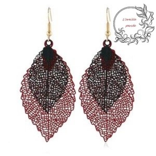 Boucle d'oreille estampe duo de feuille rouge/noire