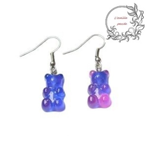 Boucle d'oreille mini ourson bi-couleur bleu roi/fuschia