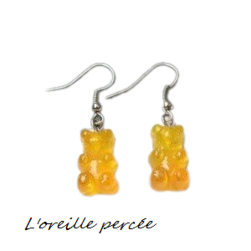 Boucle d'oreille mini ourson bi-couleur translucide résine