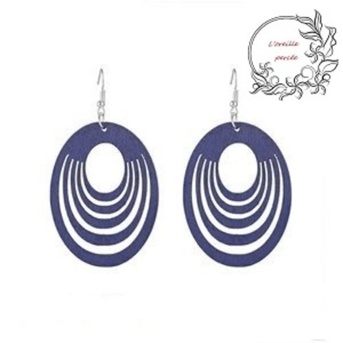 Boucle d'oreille en bois ovale bleu marine