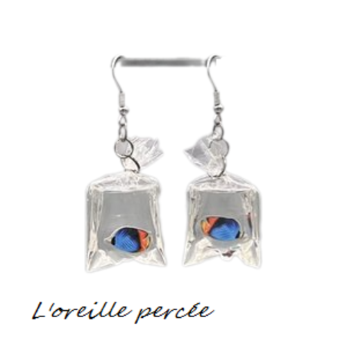 Boucle d'oreille sachet et son poisson coloré