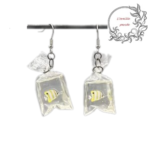 Boucle d'oreille sachet et son poisson jaune/blanc
