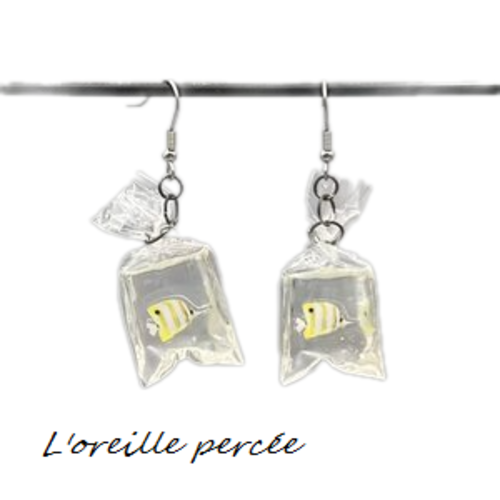 Boucle d'oreille sachet et son poisson jaune/blanc