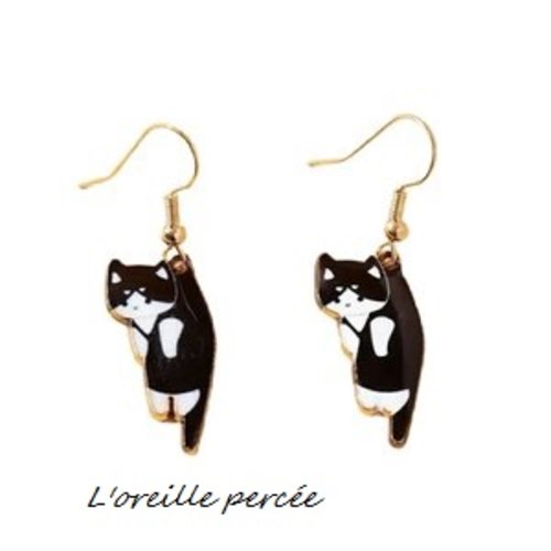 Boucle d'oreille chat noir/blanc émail