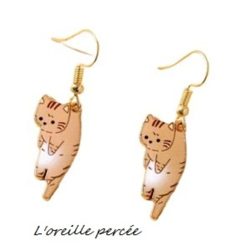 Boucle d'oreille chat marron/blanc émail