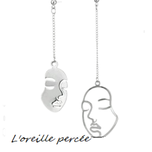 Boucle d'oreille double visage argenté