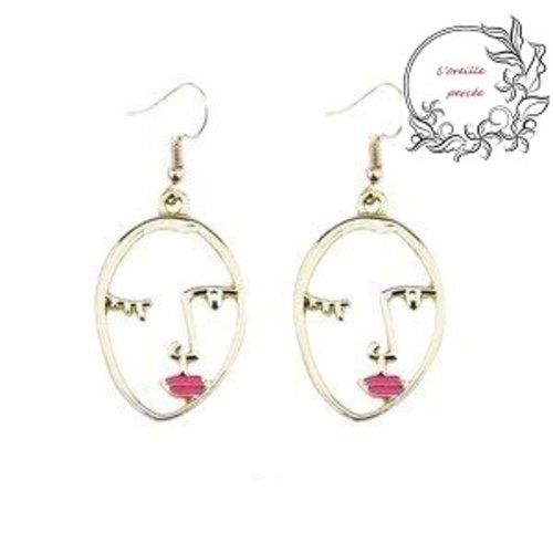 Boucle d'oreille visage kiss fuchsia