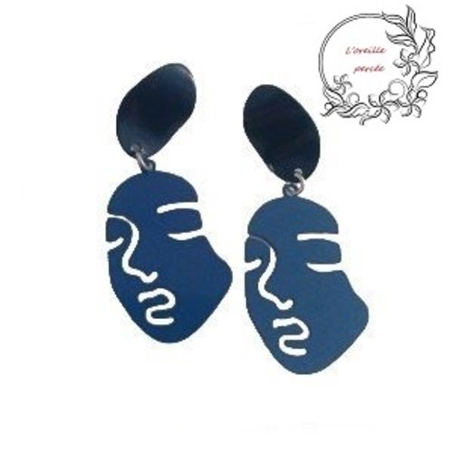 Boucle d'oreille visage abstrait bleu