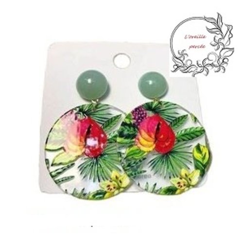 Boucle d'oreille feuille tropicale fleurie