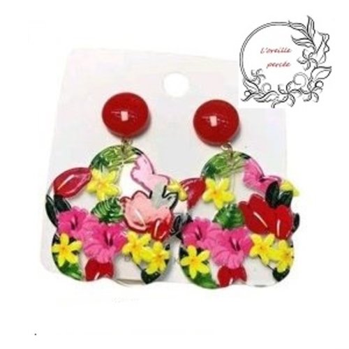 Boucle d'oreille feuille tropicale et fleur