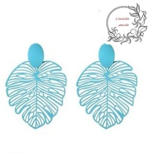 Boucle d'oreille estampe feuille tropicale turquoise