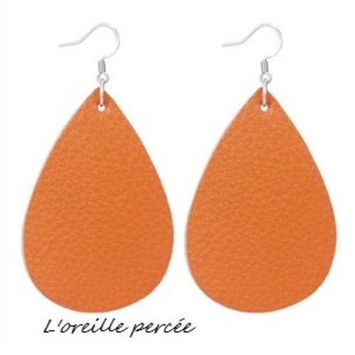 Boucle d'oreille simili cuir goutte orange