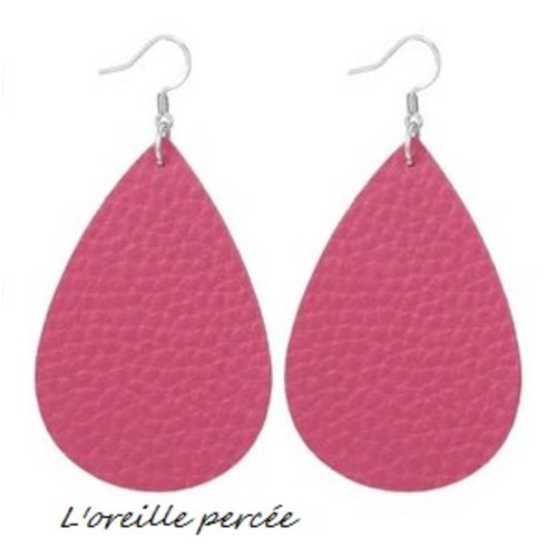 Boucle d'oreille simili cuir goutte rose fuchsia