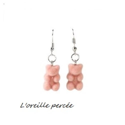 Boucle d'oreille petit ourson rose velours