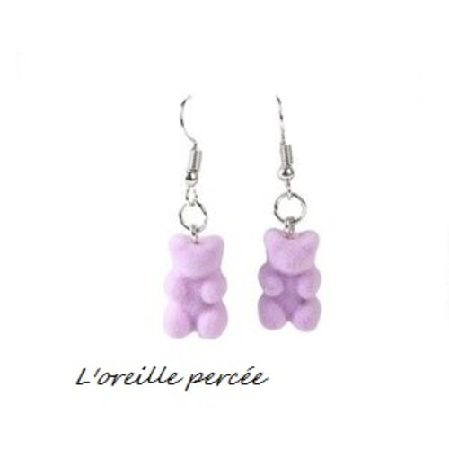 Boucle d'oreille petit ourson parme velours