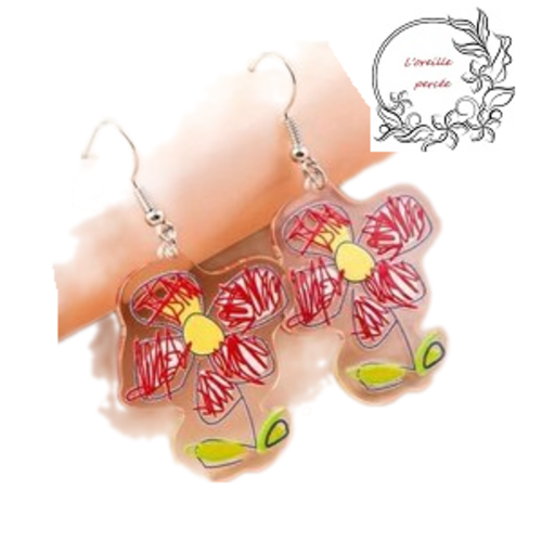 Boucle d'oreille fleur rouge