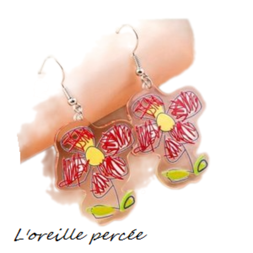 Boucle d'oreille fleur rouge