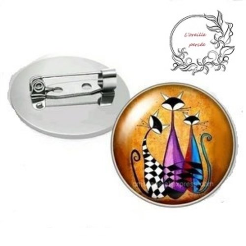 Broche ronde cabochon quatuor de chat