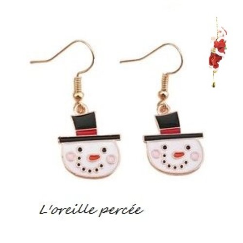 Boucle d'oreille tête de bonhomme de neige émail
