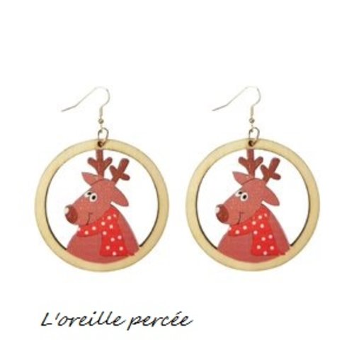 Grande boucle d'oreille cercle en bois et cerf