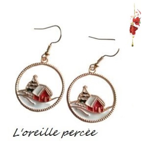 Boucle d'oreille chalet de noël émail