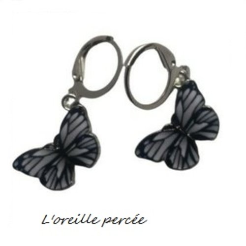 Boucle d'oreille papillon blanc/gris/noir