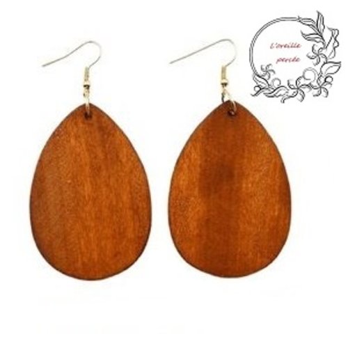 Boucle d'oreille goutte marron en bois