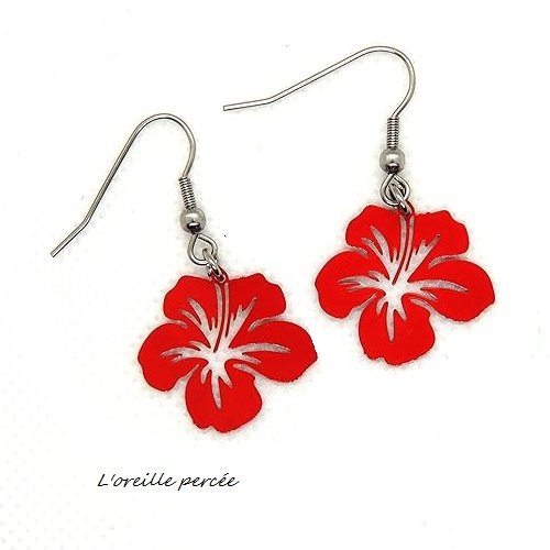 Boucle d'oreille hibiscus rouge