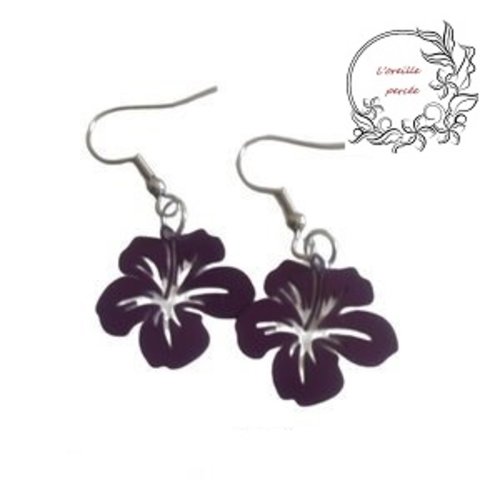 Boucle d'oreille hibiscus mauve-prune