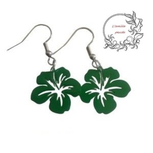 Boucle d'oreille hibiscus verte