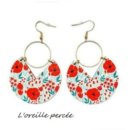 Boucle d'oreille bois motif fleuri et métal doré