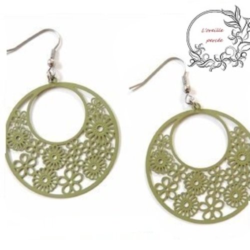 Boucle d'oreille estampe fleurie kaki