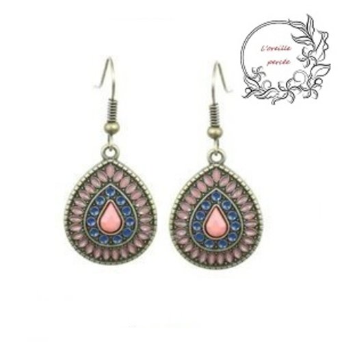 Boucle d'oreille goutte ethnique ton rose