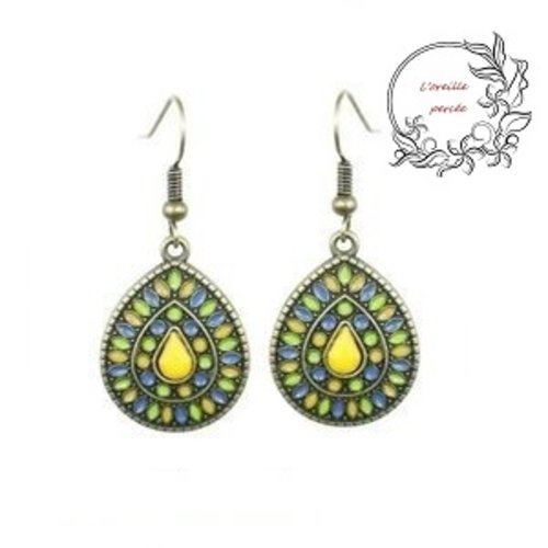 Boucle d'oreille goutte ethnique ton jaune/bleu/vert