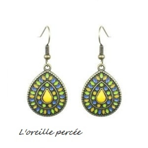 Boucle d'oreille ethnique goutte ton jaune/bleu/vert