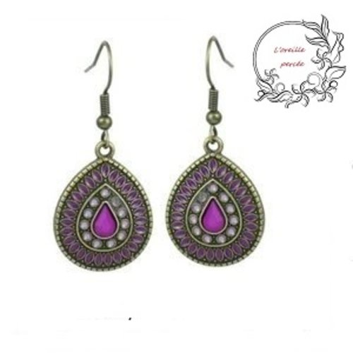 Boucle d'oreille goutte ethnique ton mauve