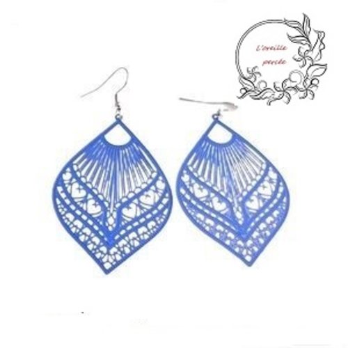 Boucle d'oreille estampe ventilateur bleu roi