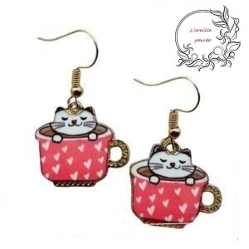Boucle d'oreille émail chat dans tasse