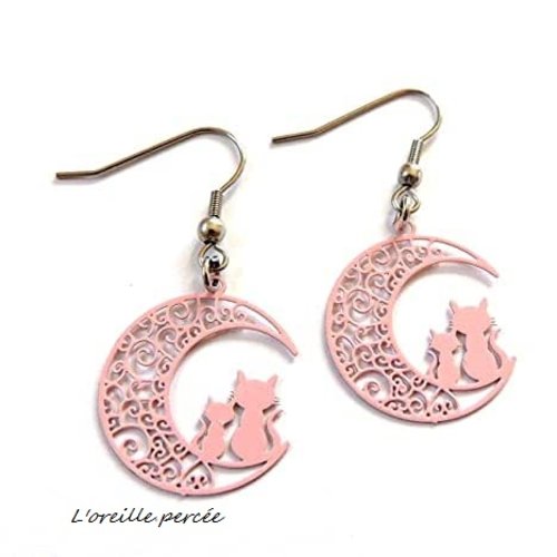 Boucle d'oreille duo de chat sur lune rose