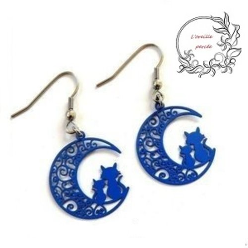 Boucle d'oreille duo de chat sur lune bleue