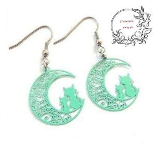 Boucle d'oreille duo de chat sur lune vert paon