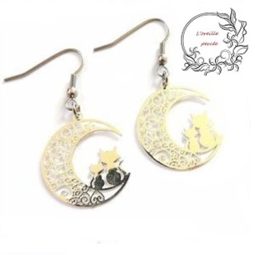 Boucle d'oreille duo de chat sur lune argent